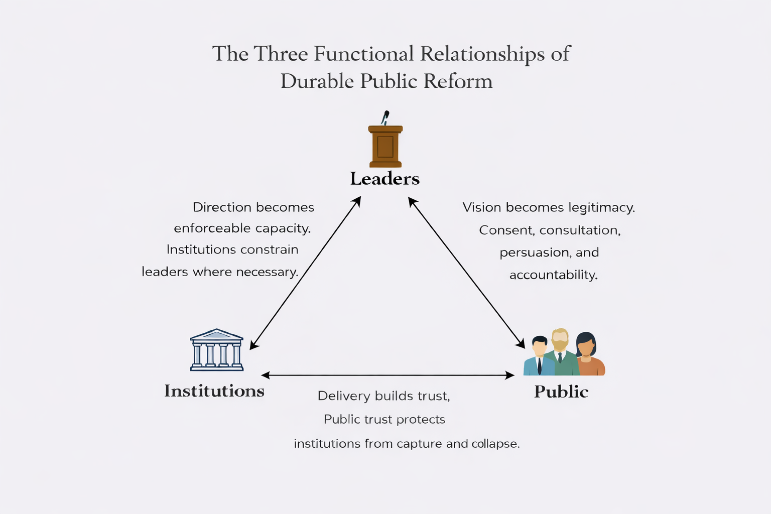 Diagram showing the bidirectional relationships between Leaders, Institutions, and the Public